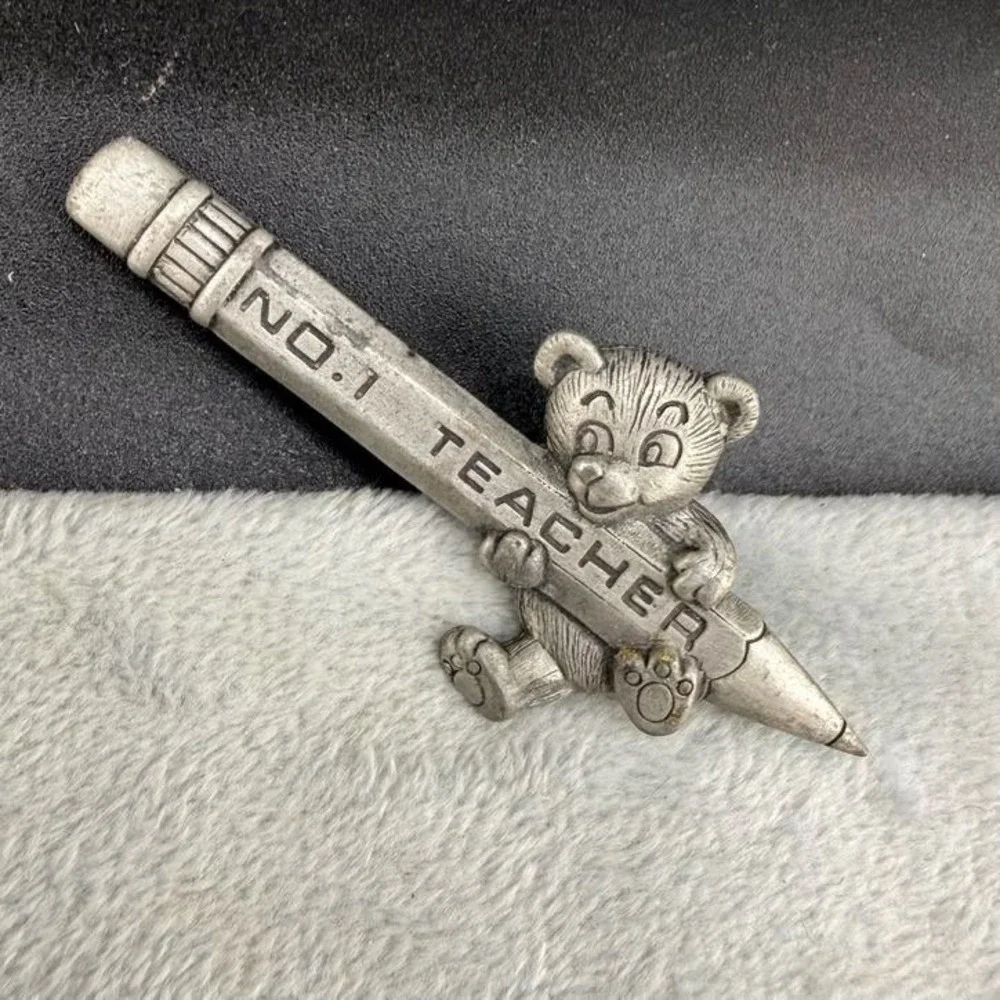 Vintage JJ Brooch Teddy Bear Pencil No. 1 Teacher Silver Tone Signed Figural